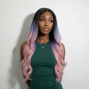 24 inch ombre pruik met kant: zwart, paars, roze hittebestendig synthetisch haar