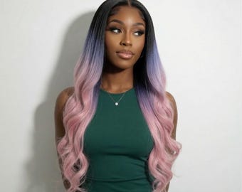 24 Inch Ombre Lace Front Wig: Black, Purple, Pink Heat Resistant Synthetic Hair