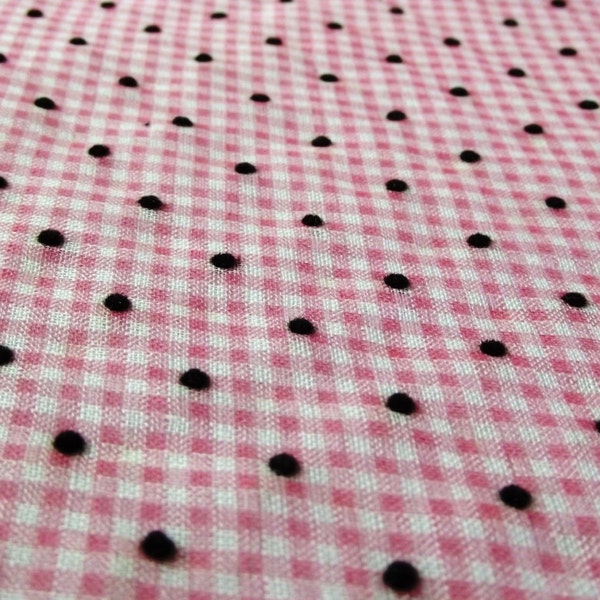 Vintage 36" Wide Pink Check and Flocked Black Dotted Swiss Organdy Fabric - 3 yds Polka Dots