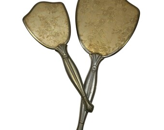 Vintage Art Nouveau Vanity Brush & Mirror Set Gold Floral Fabric Back Nylon