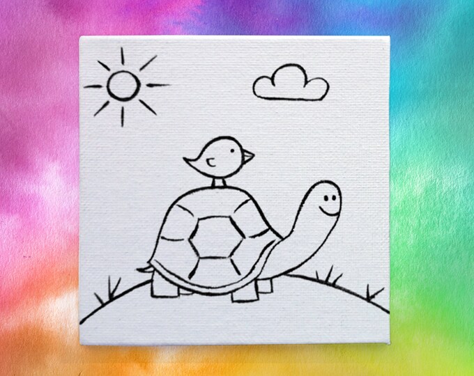 Preoutlined Canvas, Turtle and Bird, Prepainted Canvas Paint Party, Drawn Canvas Outline