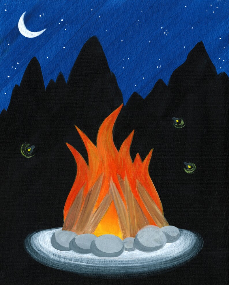 Campfire Glow Bonfire & Fireflies Outdoors Boys Room Art Etsy