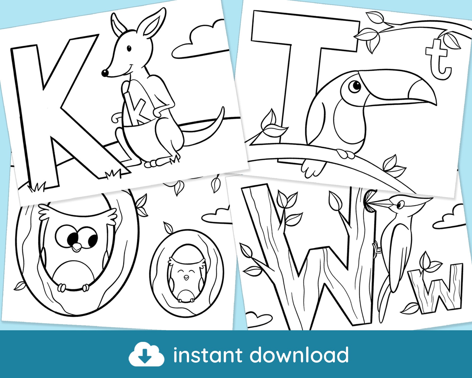 animal alphabet coloring pages printable instant download etsy