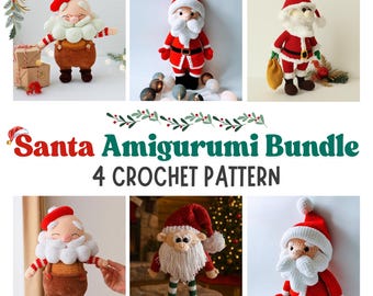 Op de afbeelding: Een verzameling van vier gehaakte kerstmanfiguren, elk met een uniek ontwerp. De kerstmannen dragen rode pakken, witte baarden en mutsen. De afbeelding bevat de tekst "Santa Amigurumi Bundle 4 Crochet Pattern."