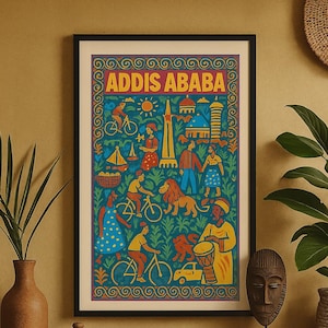 Puede incluir: Lámina artística enmarcada con una colorida ilustración de Addis Abeaba. La obra representa personas, bicicletas, un león y edificios, con el nombre de la ciudad en la parte superior. La impresión está enmarcada en negro y se exhibe en una pared.