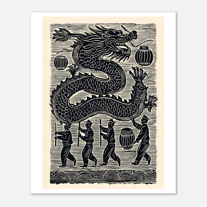 Dragon Dance Linocut Poster – Chinese Festival Black & White Print ...