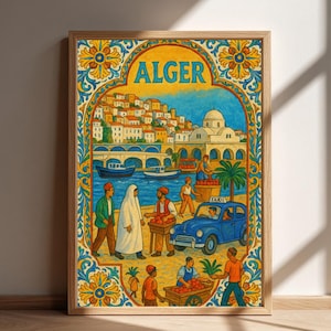 May include: A framed vintage travel poster featuring the word "ALGER" at the top. The artwork depicts a coastal city scene with a bridge, boats, and people. The color palette includes blues, yellows, and oranges.