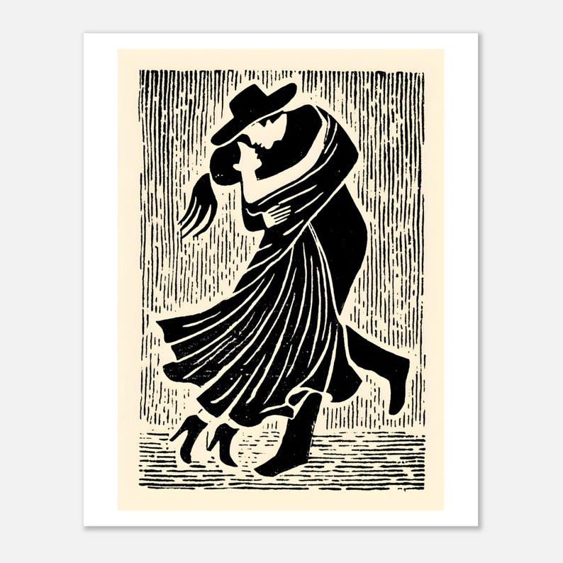 Dancing Couple Linocut Poster – Black and White Woodcut Print, Passion ...