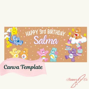 May include: A birthday banner with the text "Happy 3rd Birthday Salma" and cartoon bears. The banner is brown with colorful bears, stars, and a pink Canva Template text.