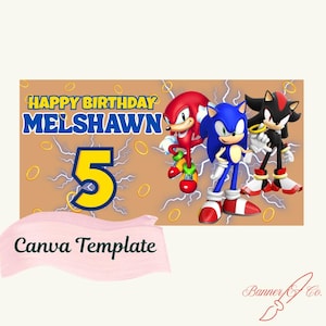 May include: A birthday banner featuring Sonic the Hedgehog characters. The banner reads "Happy Birthday Melshawn" with a large number "5". The background is tan with yellow rings and lightning bolts. The words "Canva Template" are also visible.
