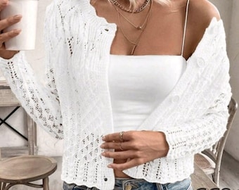 Cárdigan de punto blanco con encaje – Suéter ligero abotonado, top minimalista de primavera