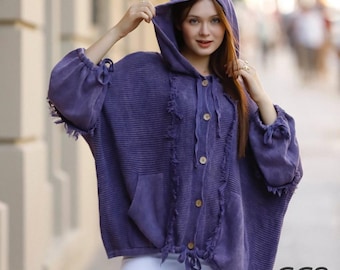 Chunky Knit Hooded Cardigan – Boho Cotton Sweater with Wooden Buttons