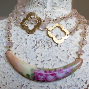 Hand Painted Roses, Semi Precious Stone, Victorian necklace, Porcelain Roses, Vintage Antique Button, Gold Quatrefoil, Shabby Chic Roses