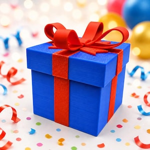 May include: A square blue gift box featuring a vibrant red ribbon tied in a bow on the lid. The box is wrapped with red ribbon strips that extend down the sides, creating a festive appearance with a textured surface finish on the blue material.