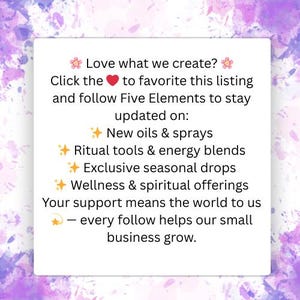 May include: White square with text on a watercolor background. Text includes "Love what we create?" and "Click the ❤️ to favorite this listing." It also lists "New oils & sprays" and "Ritual tools & energy blends."
