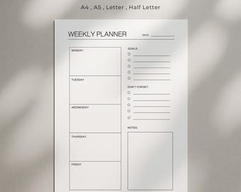 Weekly Planner Printable | Undated Minimalist Planner PDF | Week At A Glance | Weekly Schedule | A4/A5/Letter/Half Letter | Instant Download