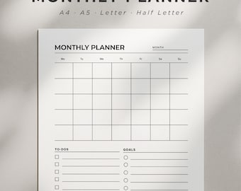Minimalist Monthly Planner Printable, Undated Calendar, Fillable Goal and Task Organizer, A4/A5/Letter/HalfLetter, Digital Instant Download