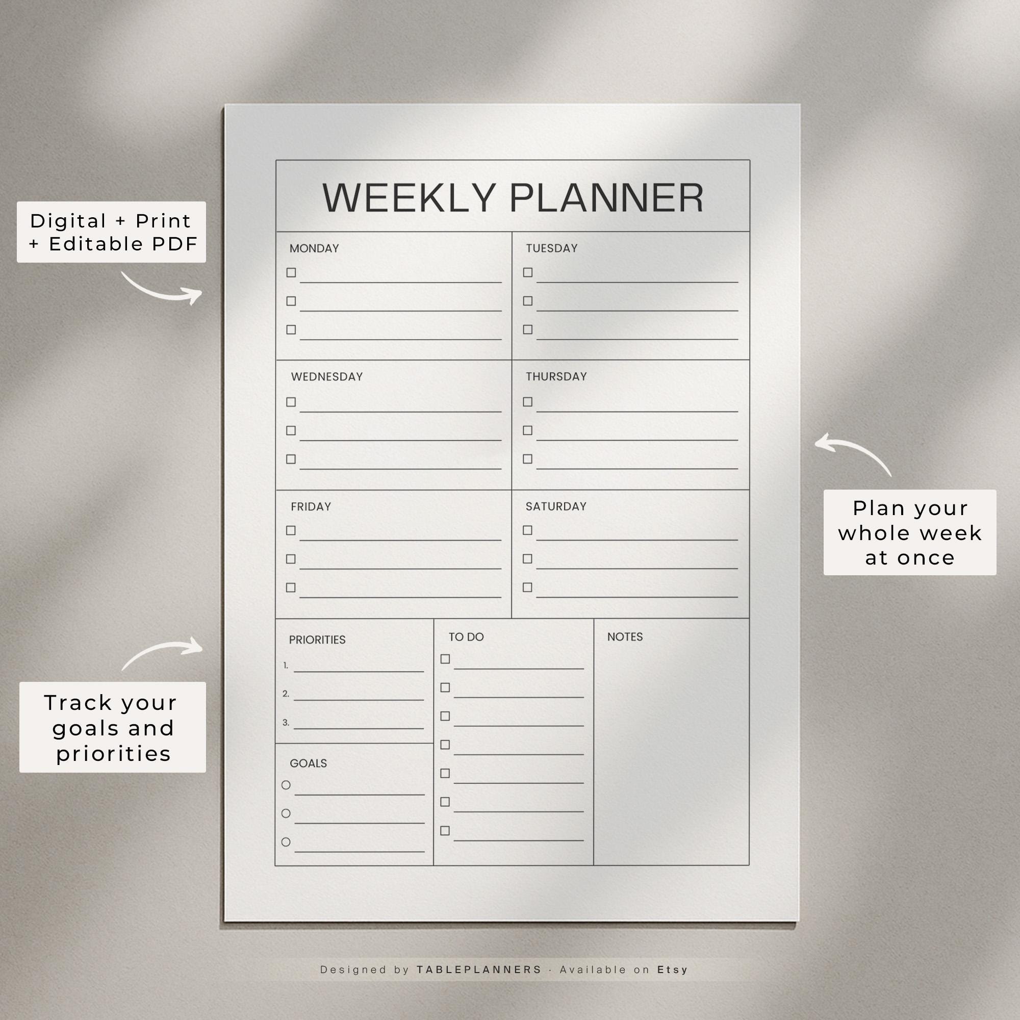 Weekly Planner Printable PDF | Minimalist Weekly Schedule | Week at A ...