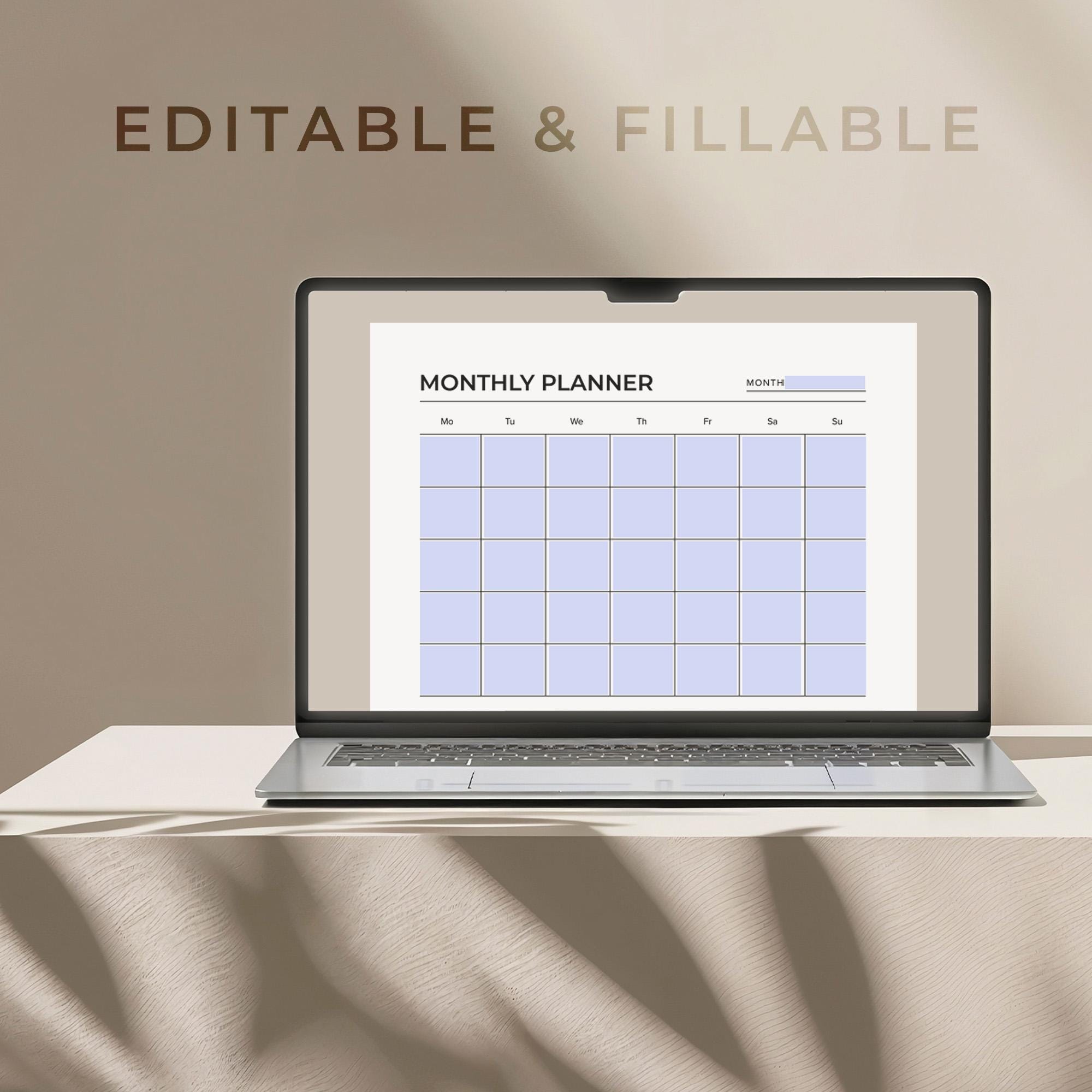 Minimalist Monthly Planner Printable, Undated Calendar, Fillable Goal ...
