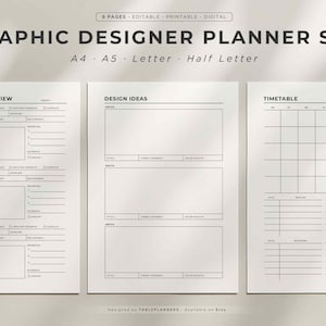May include: A set of three white planner pages with black text. The top page is labeled "Projects Overview" and includes sections for project details. The middle page is labeled "Design Ideas" with space for notes. The right page is a timetable.