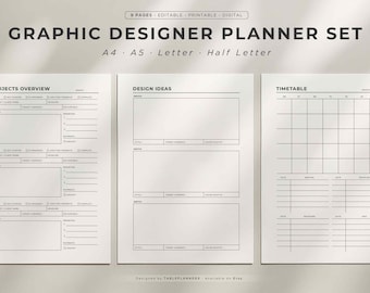 Pacote de Planejamento para Designer Gráfico | Planejador de Produtividade para Freelancers | Imprimível e PDF do Canva | A4/A5/Carta/Meia Carta