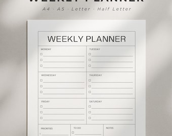 Weekly Planner Printable PDF | Minimalist Weekly Schedule | Week At A Glance | To Do List | Weekly Organizer | A4/A5/Letter/HalfLetter