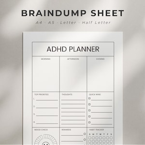 ADHD Planner PDF Printable – Daily Brain Dump, Fillable To-Do List, Habit & Mood Tracker, Minimalist Digital Planner A4/A5/Letter/HalfLetter