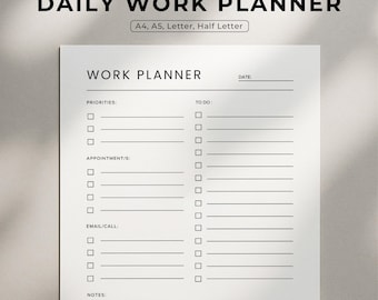 Puede incluir: Un planificador de trabajo diario blanco con el texto "Clean & Minimal" en la parte superior. El planificador incluye secciones para prioridades, citas, correos electrónicos y notas. Disponible en tamaños A4, A5, Letter y Half Letter.