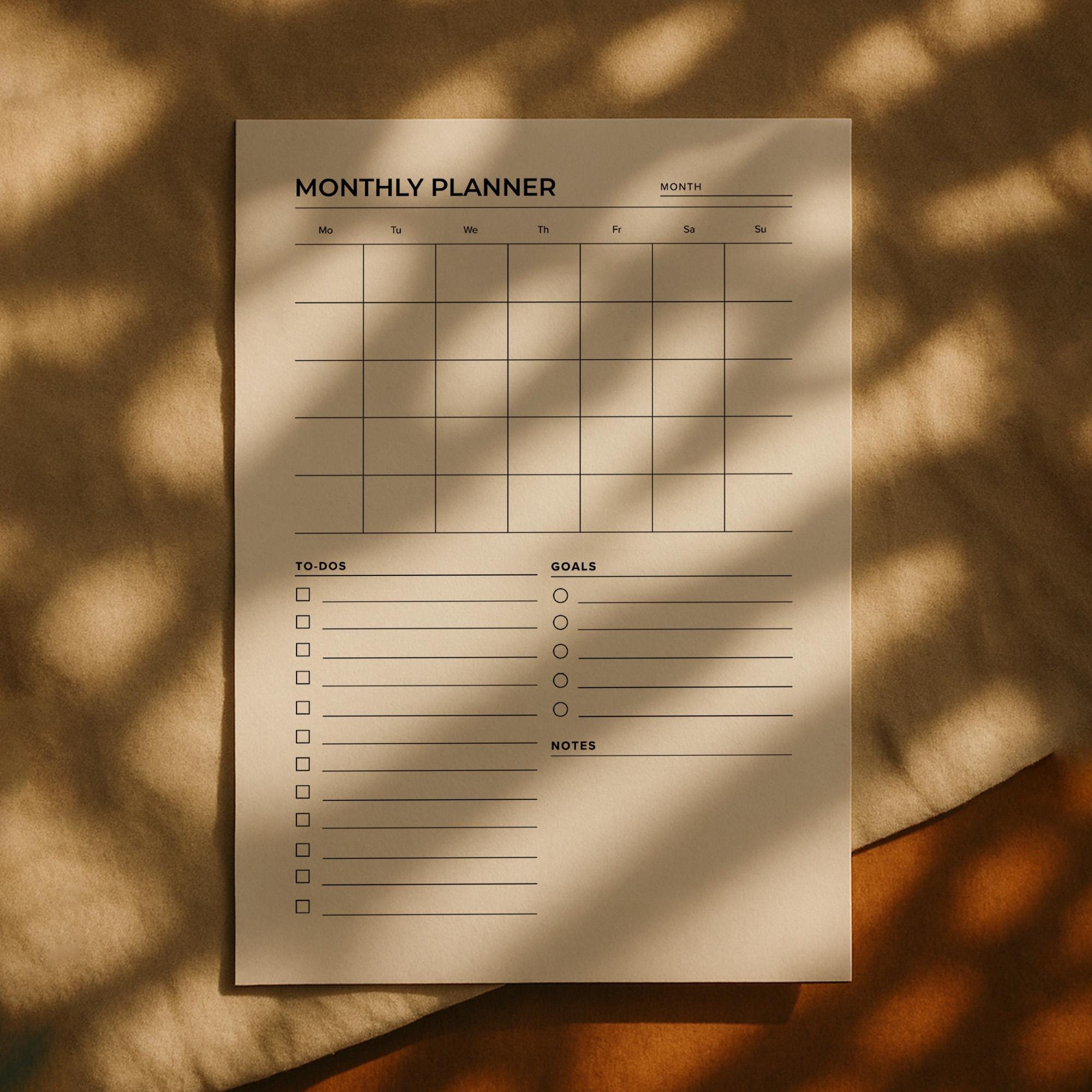 Minimalist Monthly Planner Printable, Undated Calendar, Fillable Goal ...