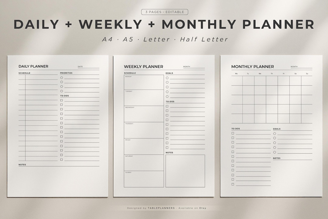 Daily Weekly Monthly Planner Bundle, Printable PDF Planner Set ...