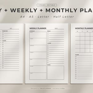 Daily Weekly Monthly Planner Bundle, Printable PDF Planner Set, Minimalist Productivity Organizer, Undated Pages | A4/A5/Letter/HalfLetter