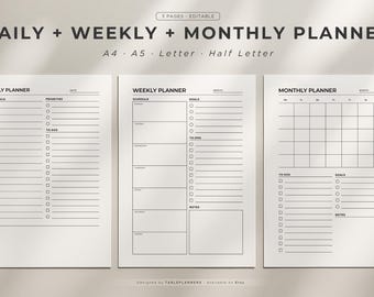 Pode incluir: Um conjunto de três páginas de planejador imprimíveis: diário, semanal e mensal. As páginas são brancas com texto e linhas pretas. A parte superior da imagem diz "DAILY + WEEKLY + MONTHLY PLANNER" com opções de tamanho. O planejador diário inclui seções de cronograma, prioridades e tarefas.