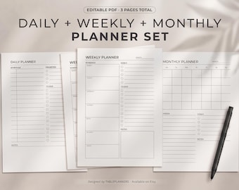 Daily Weekly Monthly Planner Bundle, Printable PDF Planner Set, Minimalist Productivity Organizer, Undated Pages | A4/A5/Letter/HalfLetter