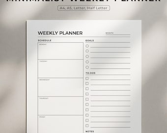 Wochenplaner PDF druckbar, undatierter ausfüllbarer Wochenplan, minimalistische Aufgabenliste, digitale Arbeitsstudie