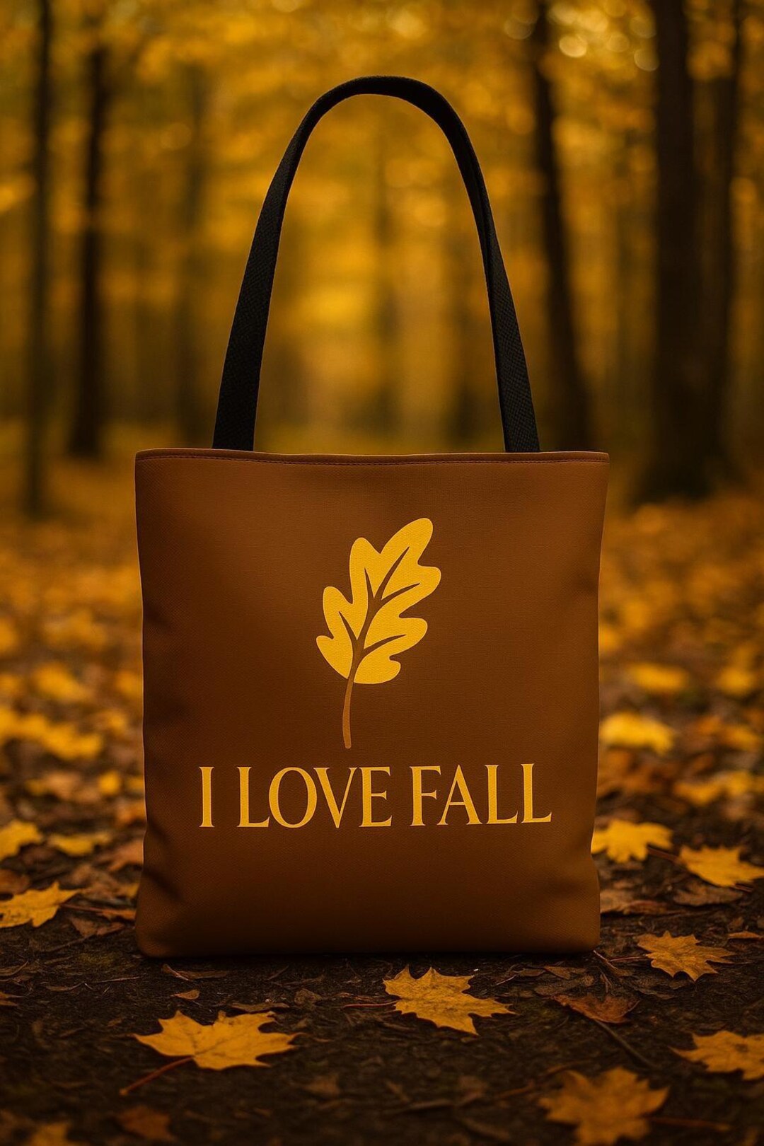 I Love Fall Tote Bag | Autumn Leaf Design in Brown & Gold | Reusable ...