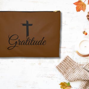 Gratitude Cross Brown Accessory Bag | Christian Zipper Pouch, Faith Gift, Large or Small Sizes