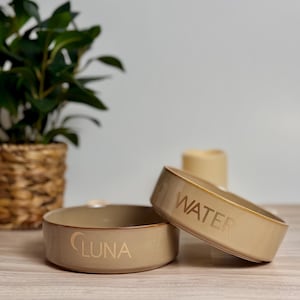 May include: Two beige ceramic pet bowls. One bowl has the name "LUNA" in gold lettering. The other bowl has the word "WATER" in gold lettering. The bowls are on a light-colored wooden surface.