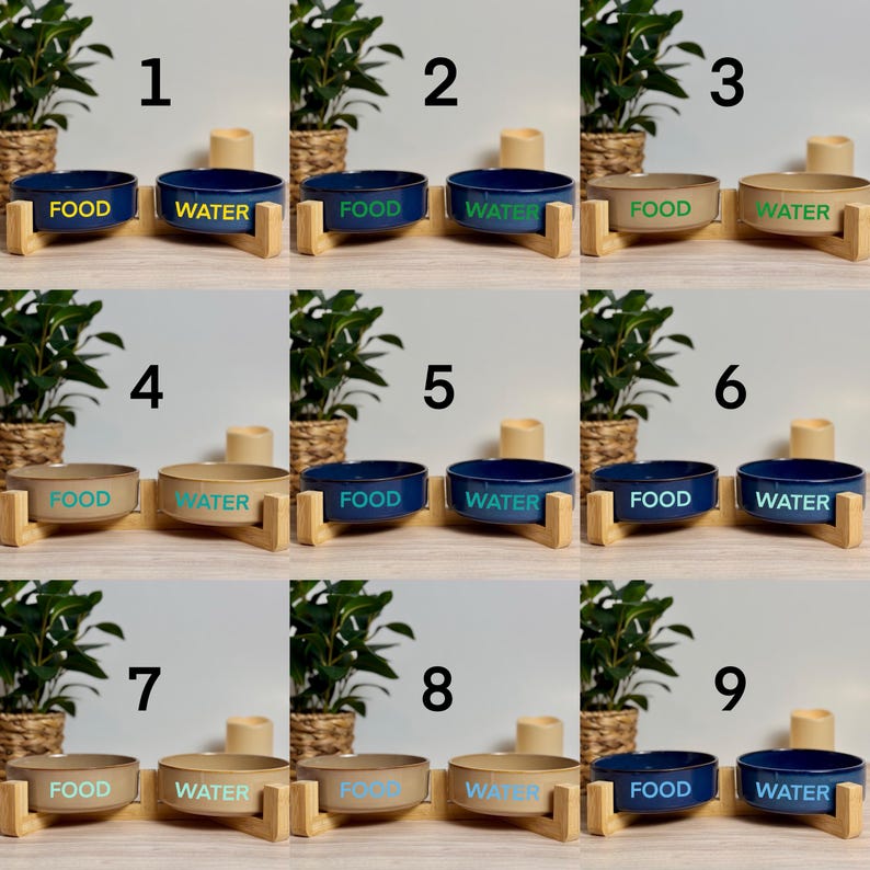 May include: A set of nine pet bowls, each with a ceramic bowl and a wooden stand. The bowls are labeled "FOOD" and "WATER". The bowls come in blue and tan colors. The wooden stands are light brown.