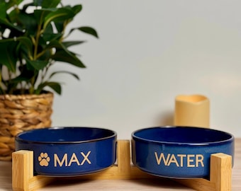 Ceramic Slow Feeder Dog Bowl: Non-Slip Wood Base, Customizable Pet Dish