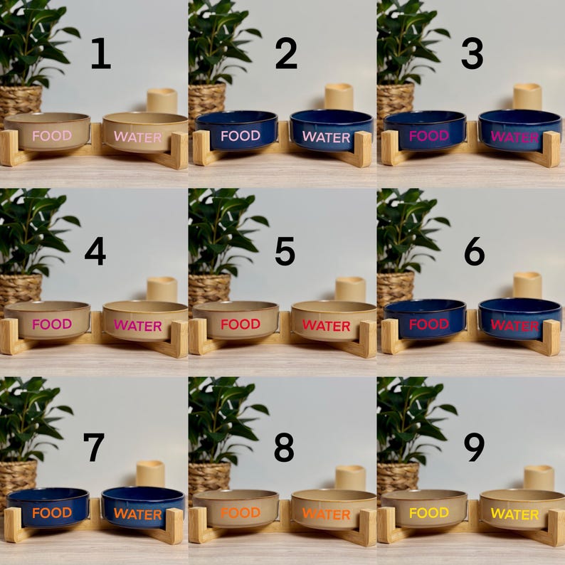 May include: A set of nine ceramic pet bowls in various colors, each labeled for food or water. The bowls are set on wooden stands. The bowls are in shades of tan and navy blue, with the text in pink and orange.