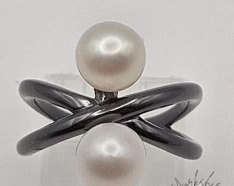 Double Pearl Atom Adjustable Ring - Sterling Silver