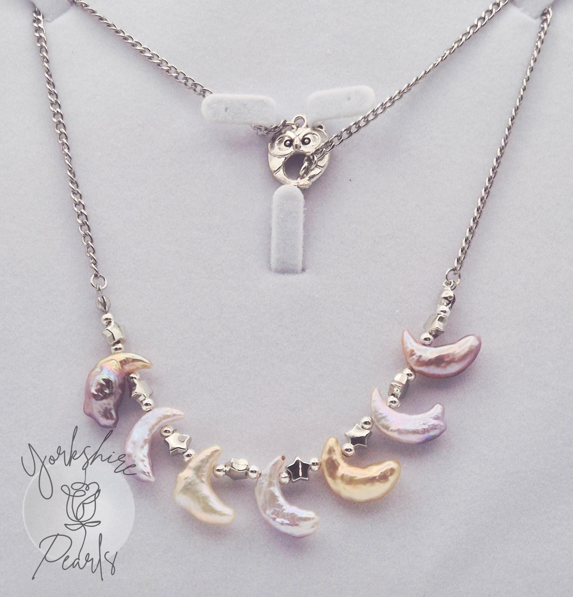 Multiple Moon Pearl Necklace with Owl Toggle