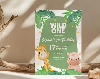Invito per il primo compleanno a tema animali della giungla e safari, adatto sia a maschi che a femmine / Modello Canva modificabile, download digitale immediato
