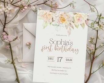 Watercolor Floral First Birthday Invitation, Girl Birthday Canva Template (Digital Download)