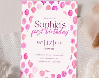 Pink Balloons Birthday Invitation, Girl First Birthday, Canva Template (Digital Download)