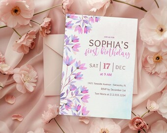 Watercolor Floral First Birthday Invitation, Girl Birthday Canva Template (Digital Download)