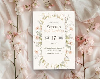 Watercolor Floral First Birthday Invitation, Girl Birthday Template (Digital Download)
