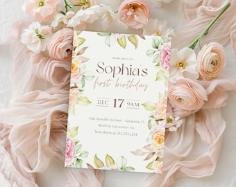 Watercolor Floral First Birthday Invitation, Girl 1st Birthday Canva Template (Digital Download)
