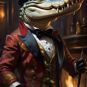 May include: An anthropomorphic alligator in a red tuxedo jacket, black top hat, and bow tie. The alligator is holding a cane and appears to be smoking. The background features a fireplace and a bar setting.