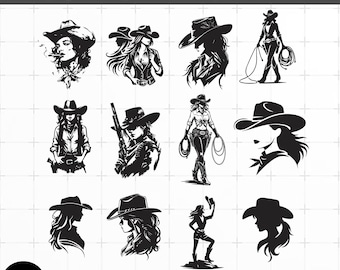 Pacchetto SVG Cowgirl: clipart di donna western, file di taglio per Cricut, DXF, PNG (download digitale)